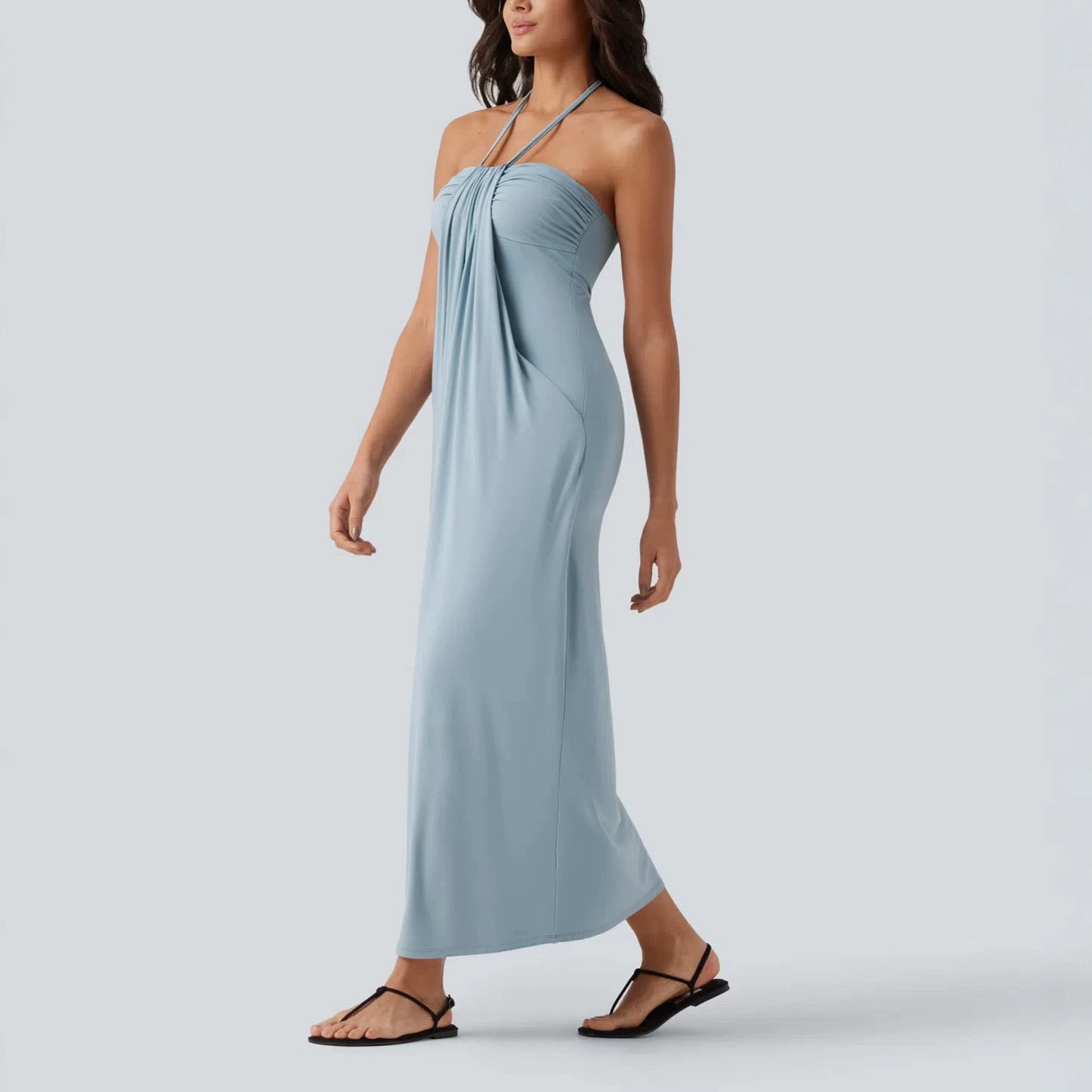 Halter Neck Strapless Long Dress With Draped Pockets