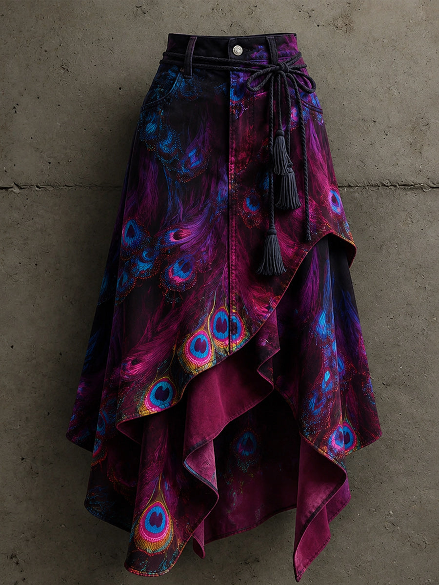 Women's Retro Style Art Print Irregularly Layered Stitched Skirt