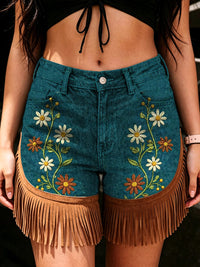 Women's Retro Style Art Print Casual Leather Fringe Patchwork Pocket Shorts