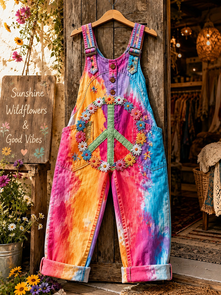 Women's Retro Style Art Print Washed Cotton Denim Patchwork Jumpsuit