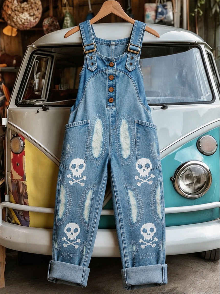 Women's Retro Style Art Print Washed Cotton Denim Patchwork Jumpsuit