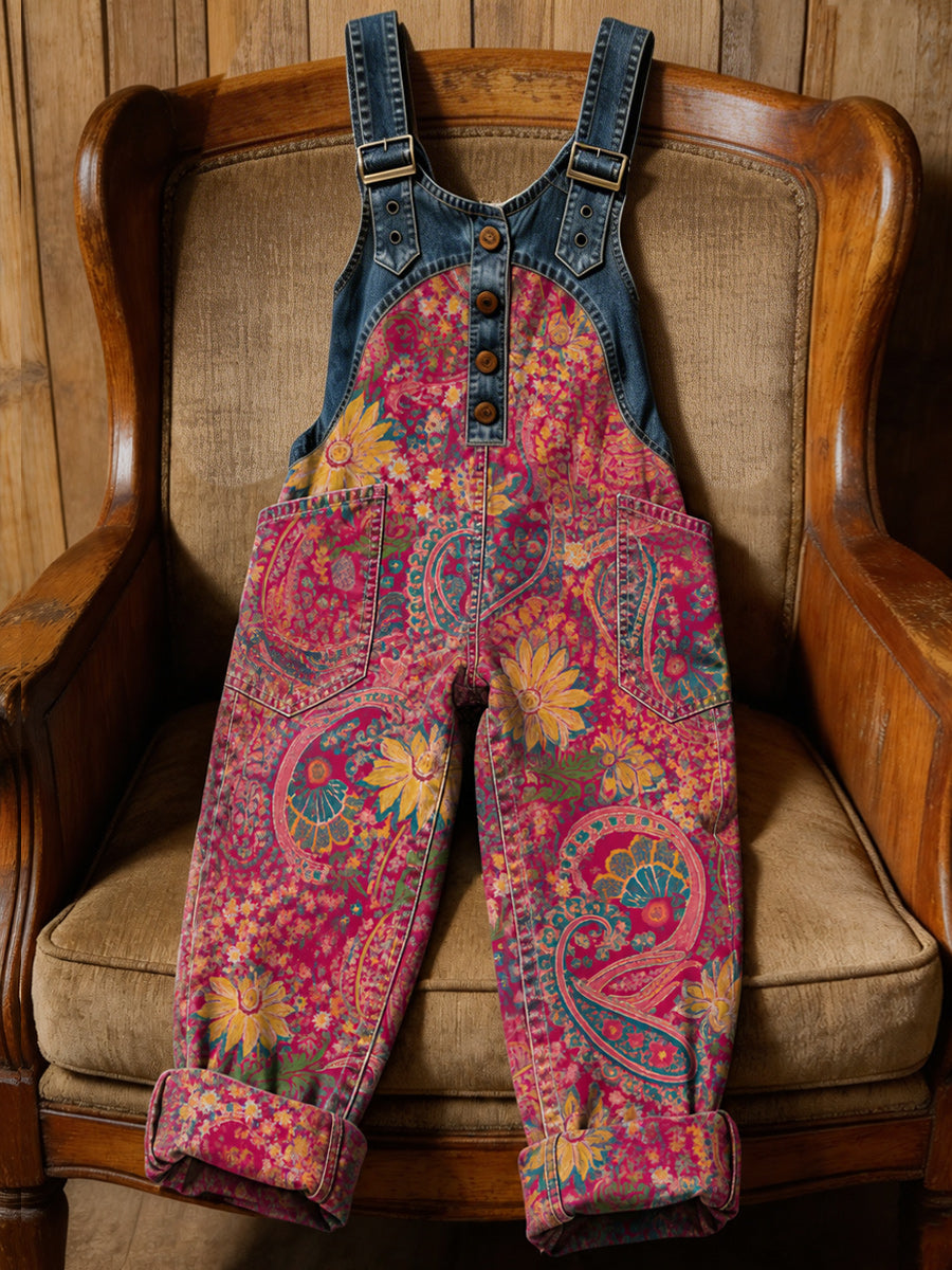Women's Retro Style Art Print Washed Cotton Denim Patchwork Jumpsuit