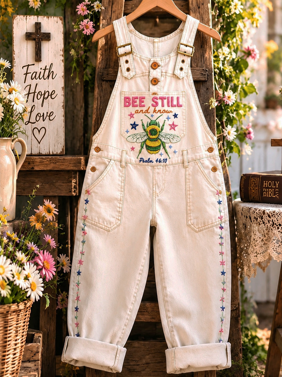Women's Retro Style Art Print Washed Cotton Denim Patchwork Jumpsuit
