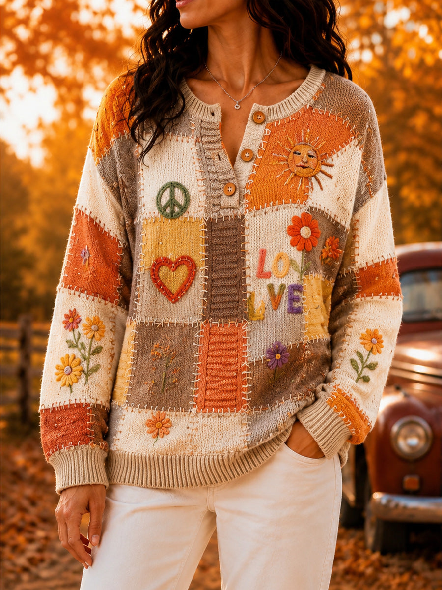 Women's Retro Autumn Art Print Knit Sweater