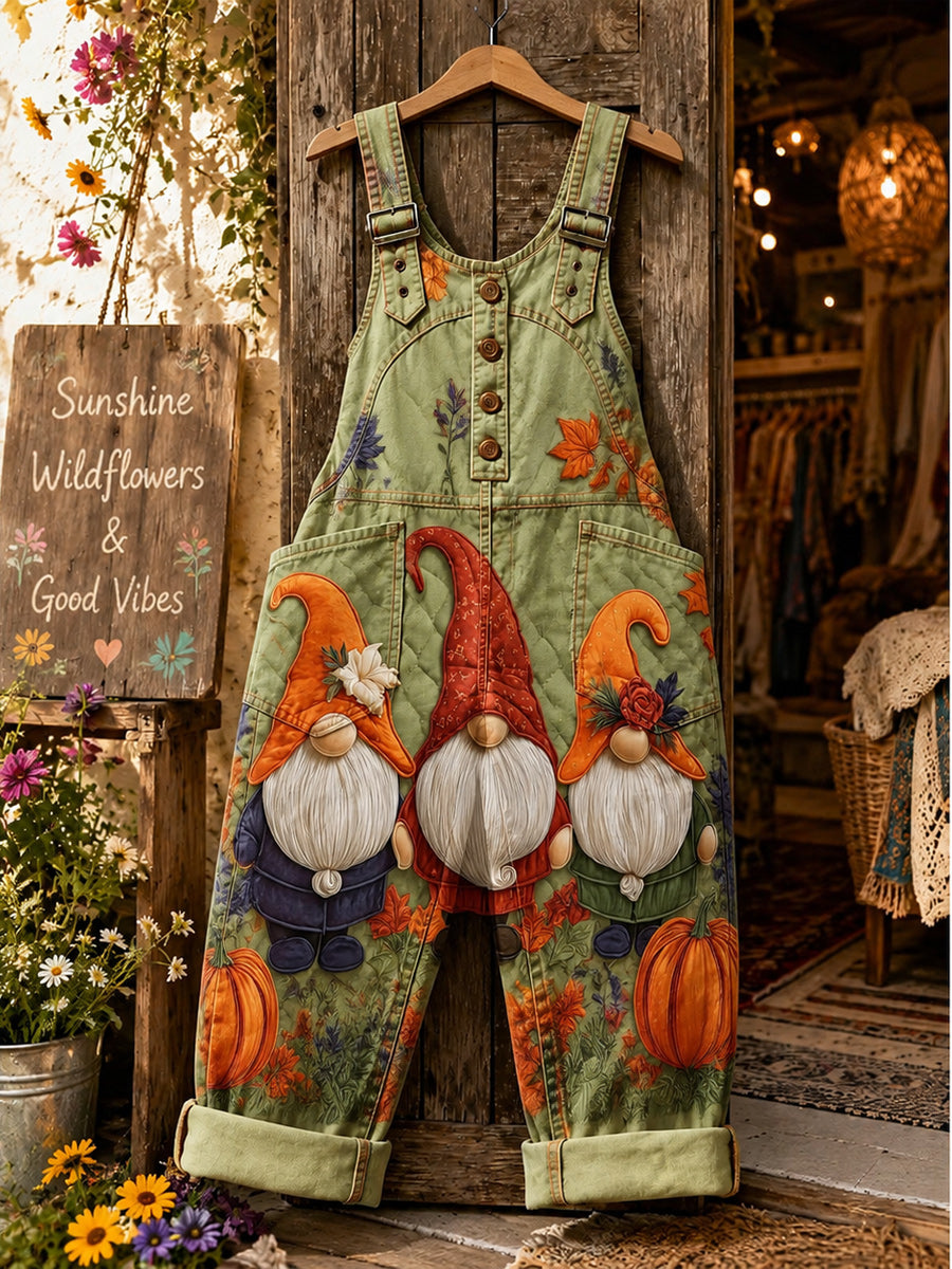Women's Retro Style Art Print Washed Cotton Denim Patchwork Jumpsuit