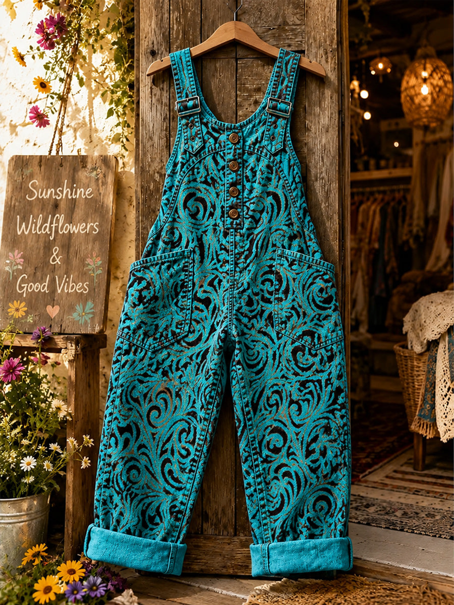 Women's Retro Style Art Print Washed Cotton Denim Patchwork Jumpsuit