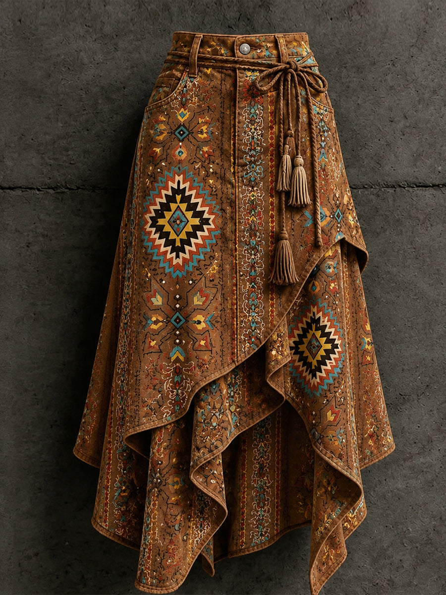Women's Retro Style Art Print Irregularly Layered Stitched Skirt