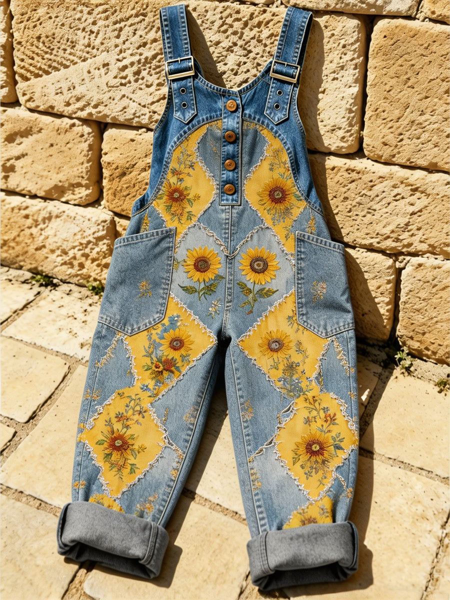 Women's Retro Style Art Print Washed Cotton Denim Patchwork Jumpsuit