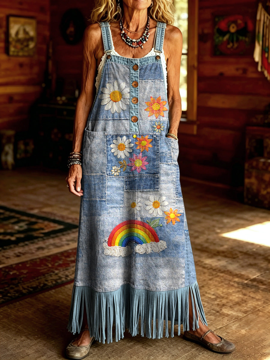 Women's Retro Style Floral Art Print Washed Denim Strap Tassel Maxi Dress