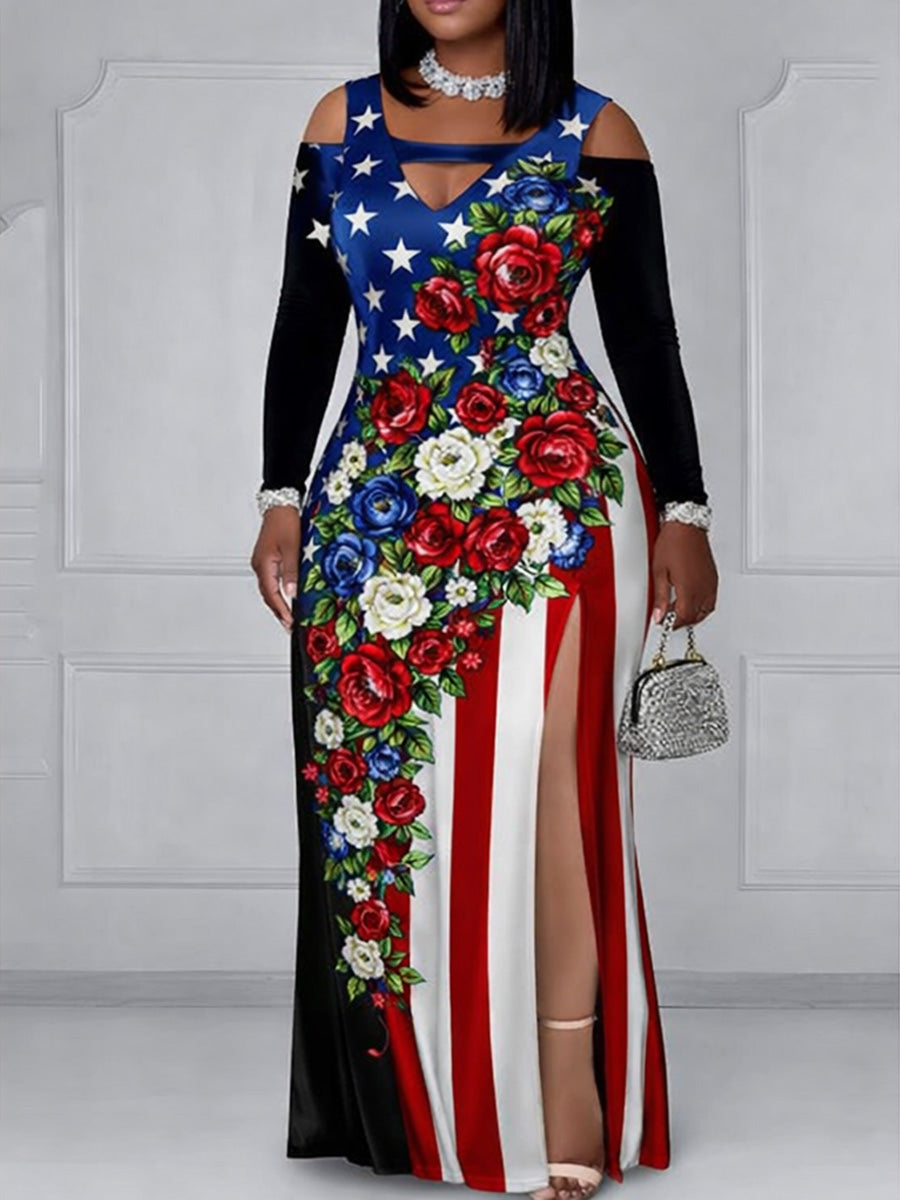 Retro 250th Anniversary Floral Art Printed Vintage Off Shoulder Style Slit Maxi Dress