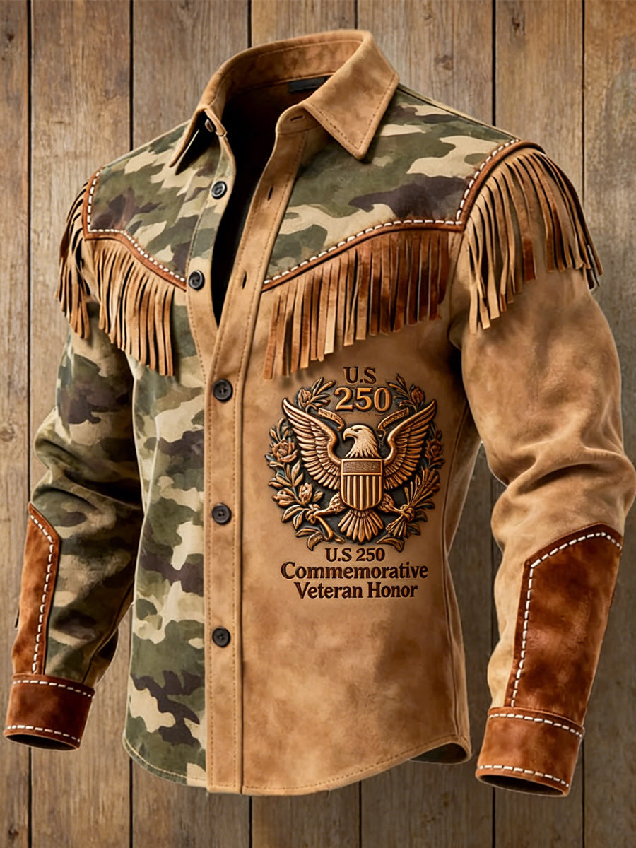 Men's Retro Western Style U.S 250 Commemorative Veteran Print Vintage Tassel Casual Long Sleeve Shirt