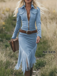 Women's Retro Western Cowboy Style Suede Fringed Hem Fitted Zipper Long-Sleeved Dress