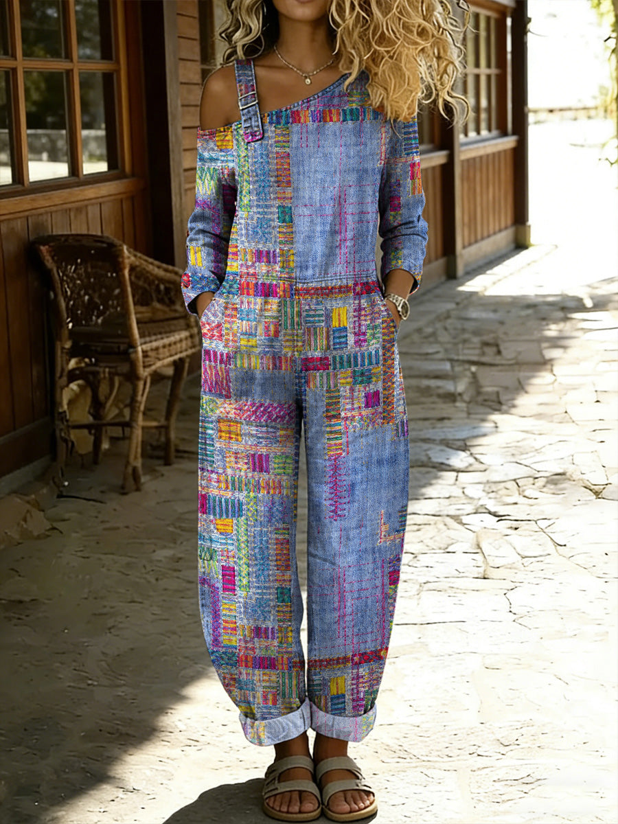 Women's Retro Hippy Floral Art Print Washed Cotton Denim Patchwork Jumpsuit