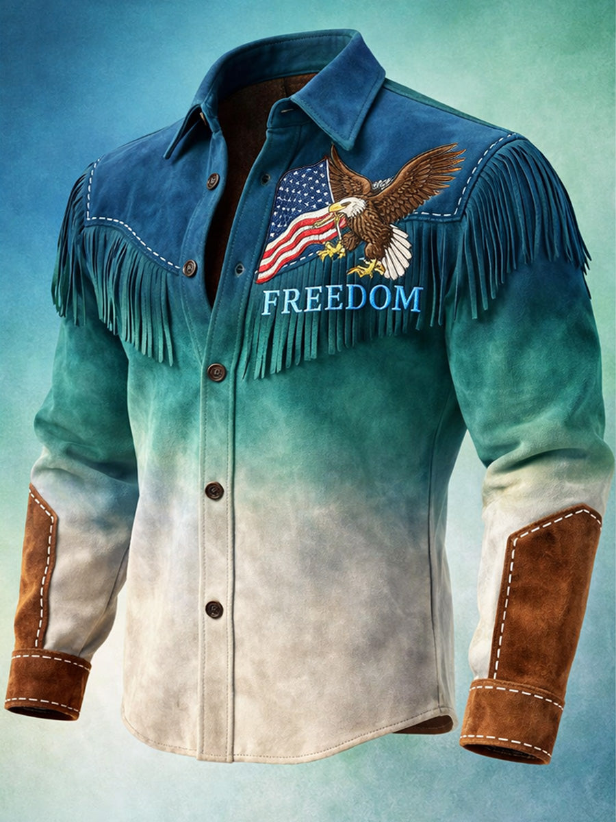 Men's USA Flag Art Western Style Print Vintage Tassel Casual Long Sleeve Shirt