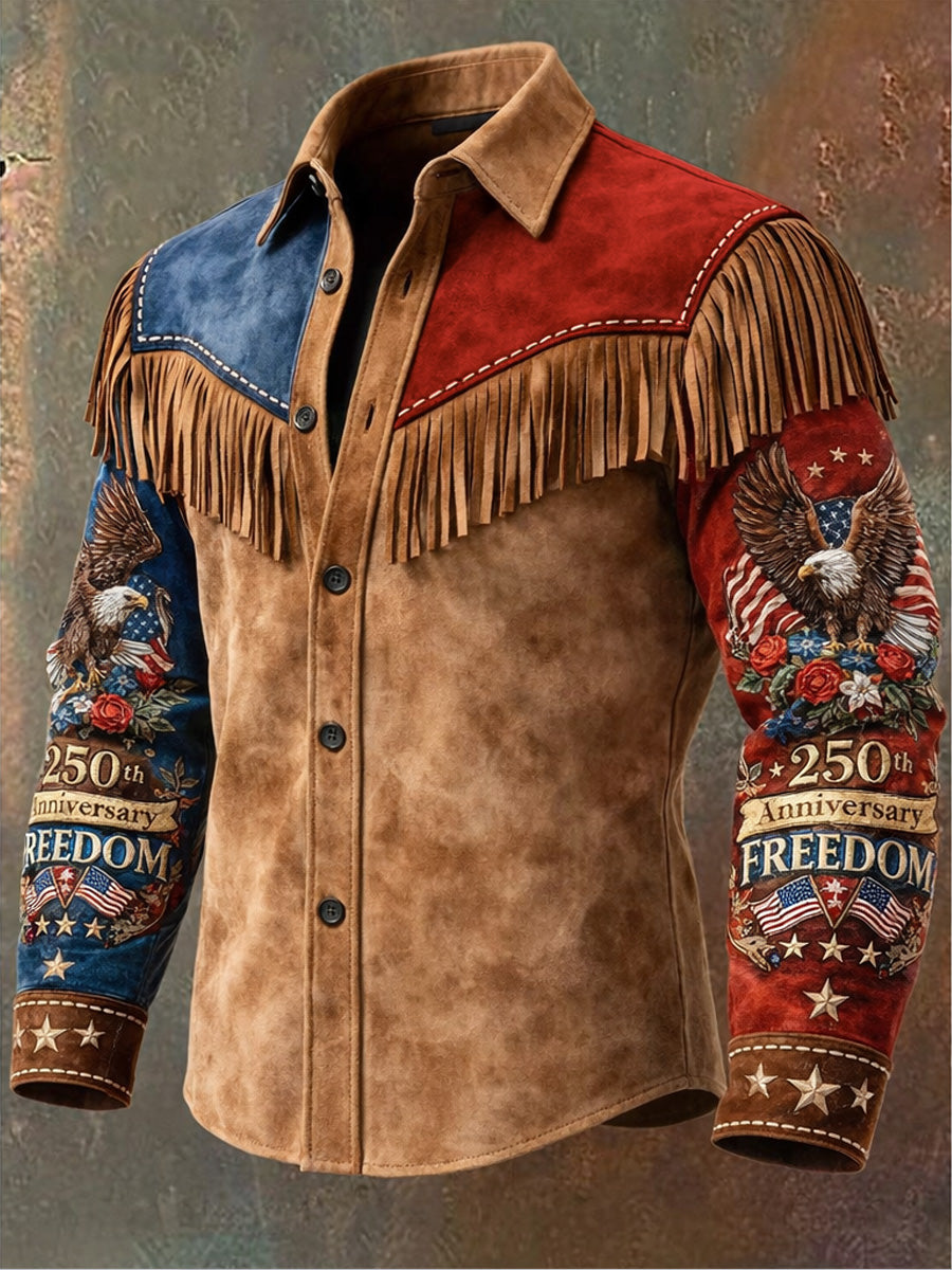Men's Retro Western Style US 250th Anniversary Print Vintage Tassel Casual Long Sleeve Shirt