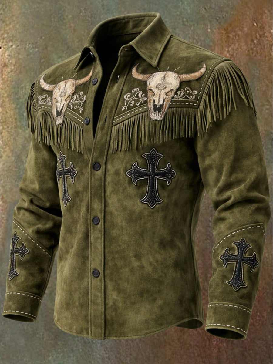 Men's Retro Western Style Art Print Vintage Tassel Casual Long Sleeve Shirt