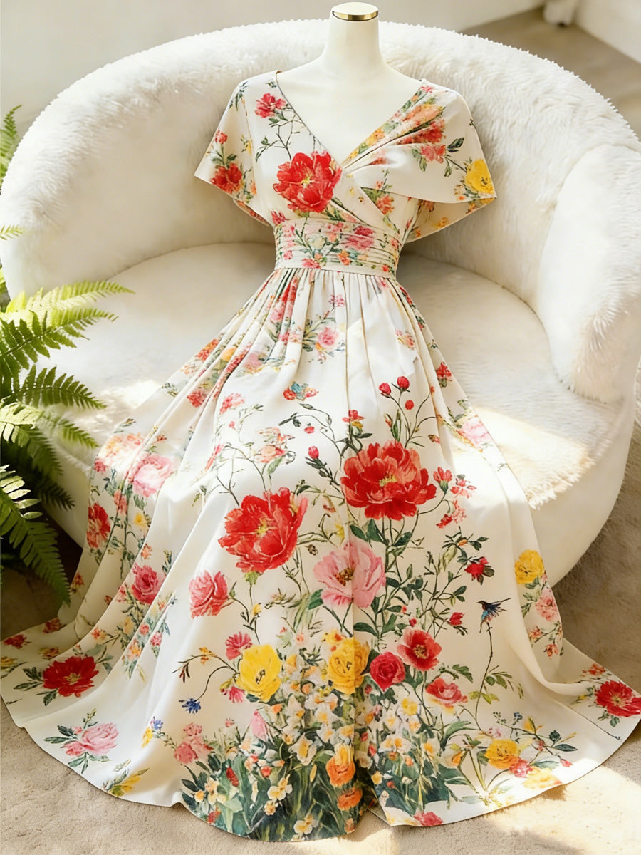 Retro Floral Art Printed Elegant V-Neck Vintage Batwing Short Sleeve Maxi Dress