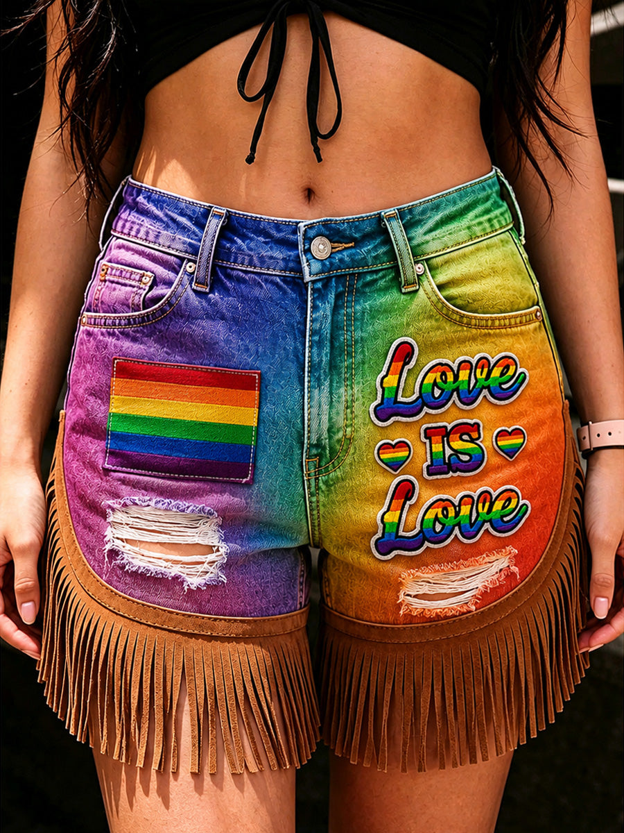 Women's Retro Floral Art Print Casual Leather Fringe Patchwork Pocket Shorts