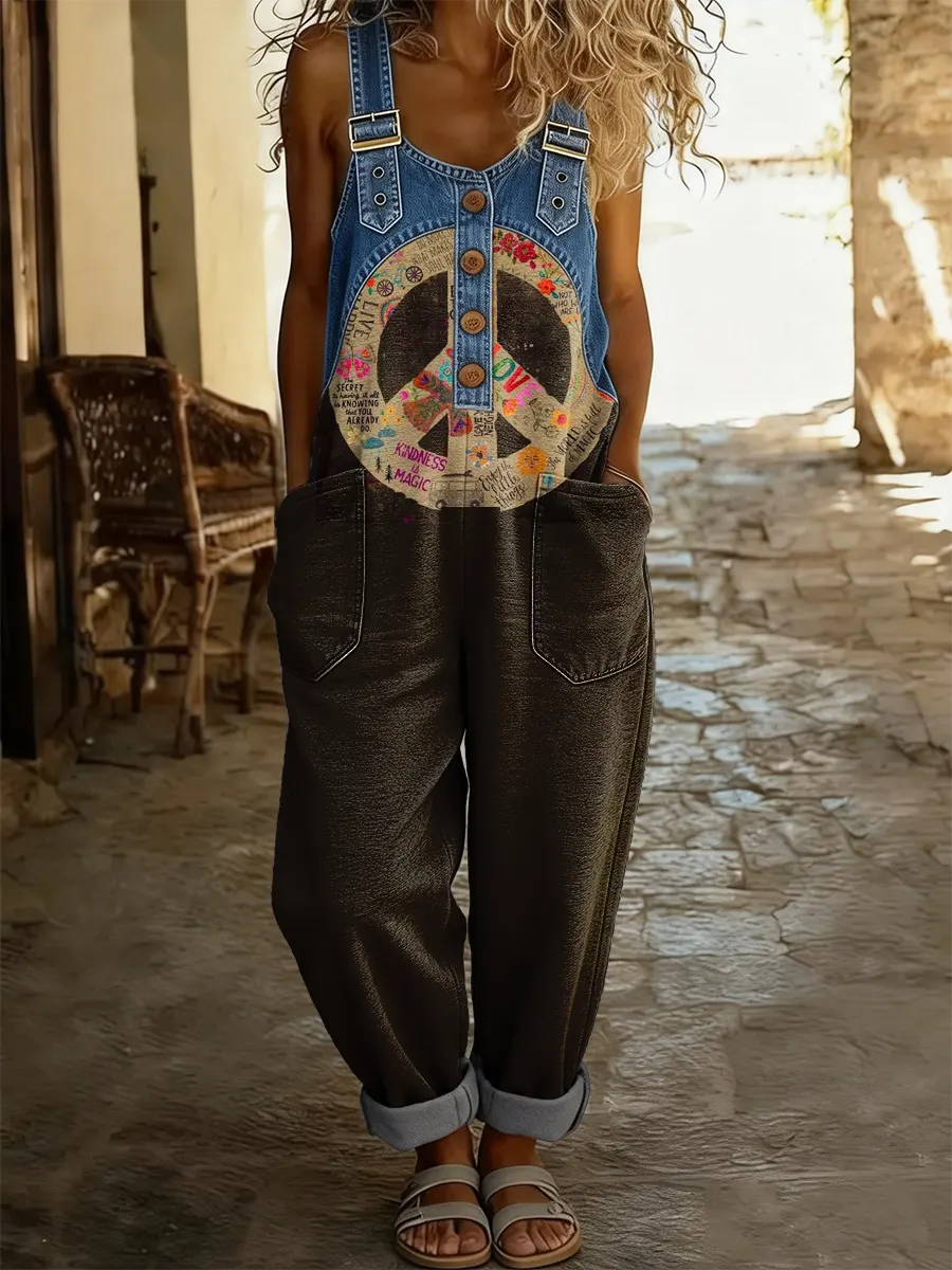 Women's Hippie-patterned Washed Cotton Denim Patchwork Jumpsuit