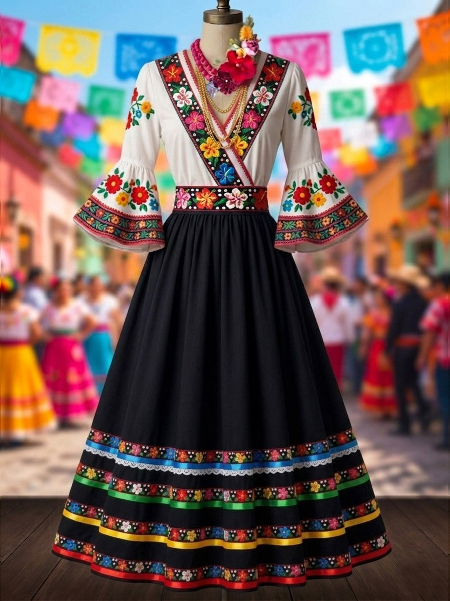 Retro Mexico Floral Art Printed V-Neck Vintage Pleated Waist Flare Sleeve Midi Dress