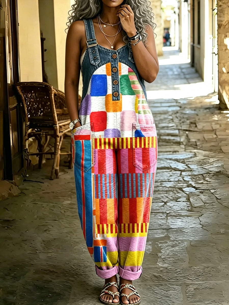 Women's Retro Style Print Washed Cotton Denim Patchwork Jumpsuit
