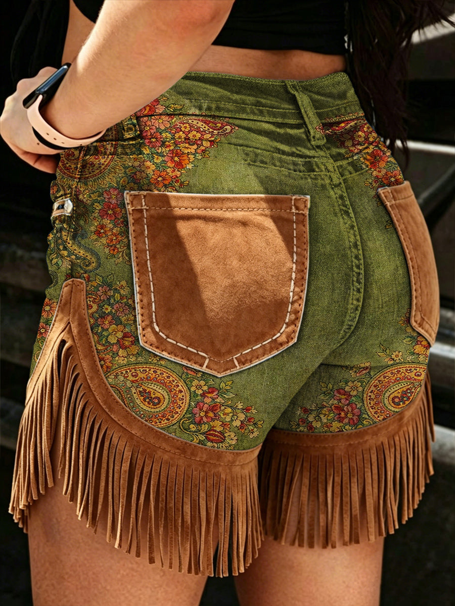 Women's Retro Style Art Print Casual Leather Fringe Patchwork Pocket Shorts