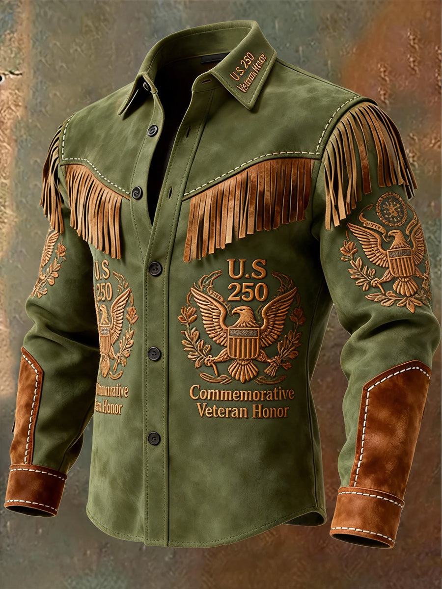 Men's Retro Western Style U.S 250 Commemorative Veteran Print Vintage Tassel Casual Long Sleeve Shirt