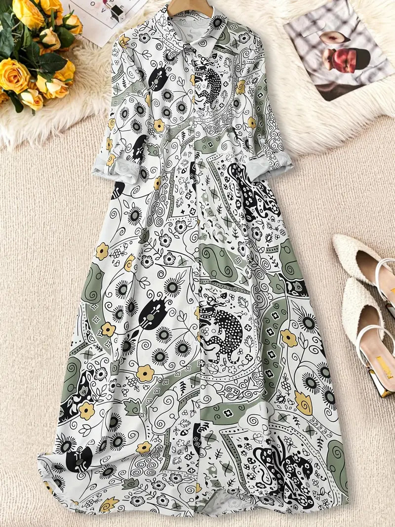 Abstract Art Print Long Sleeve Midi Dress