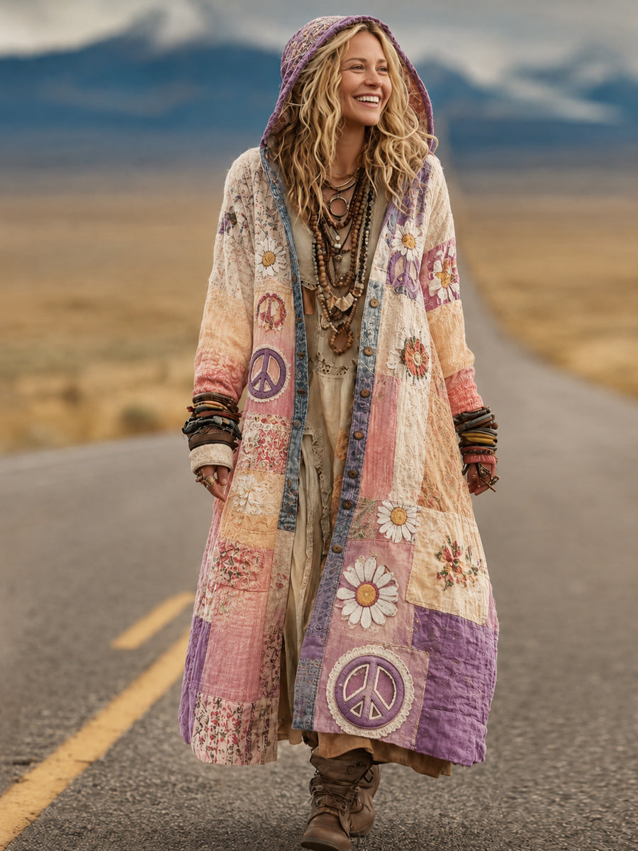 Retro Bohemian Style Art Printed Cotton Buttoned Hooded Casual Loose Long-Sleeved Shirt
