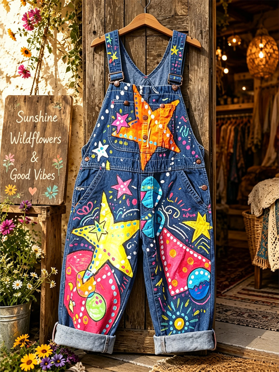 Women's Retro Style Art Print Washed Cotton Denim Patchwork Jumpsuit