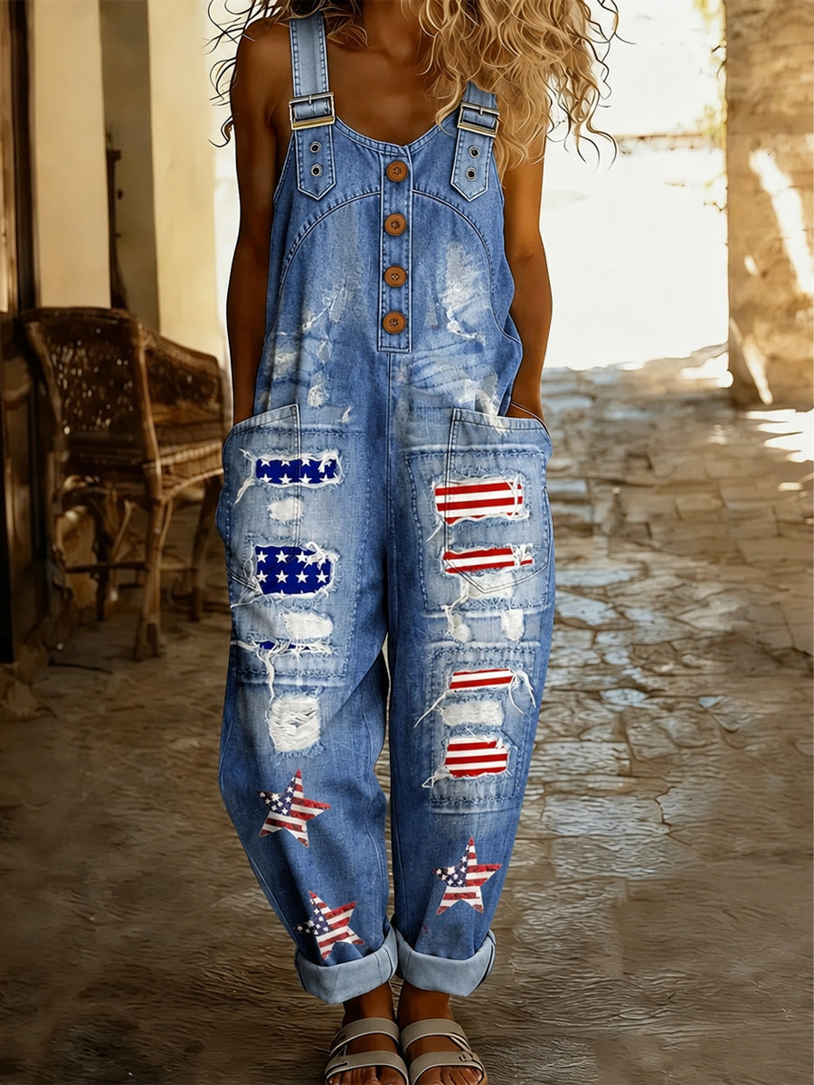 Women's Retro Style Art Print Washed Cotton Denim Patchwork Jumpsuit