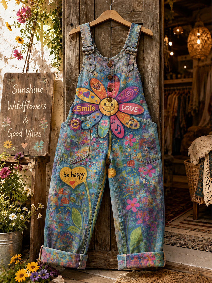 Women's Retro Style Art Print Washed Cotton Denim Patchwork Jumpsuit
