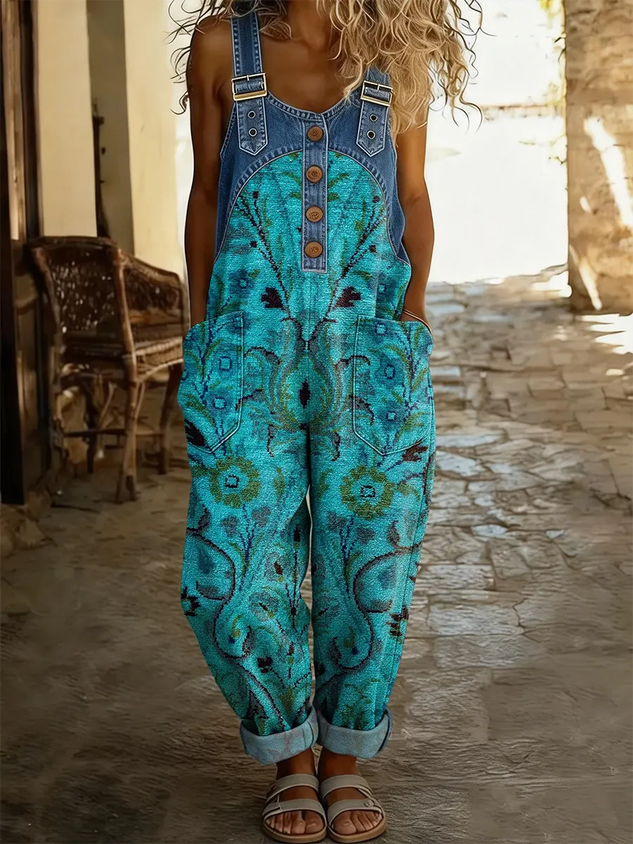 Ethnicity Totem Women's Casual Washed Cotton Denim Patchwork Jumpsuit