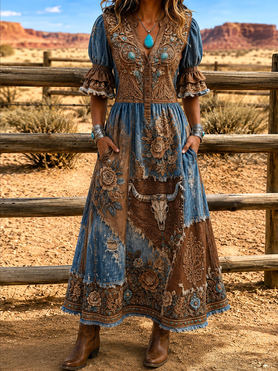 Women's Retro Art Print Washed Cotton Layered Patchwork Midi Dress