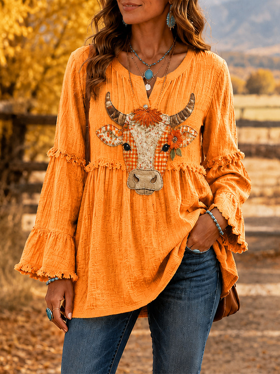 Women's Retro Style Art Print Button-Down Collar Spliced Trumpet Long Sleeves Shirt