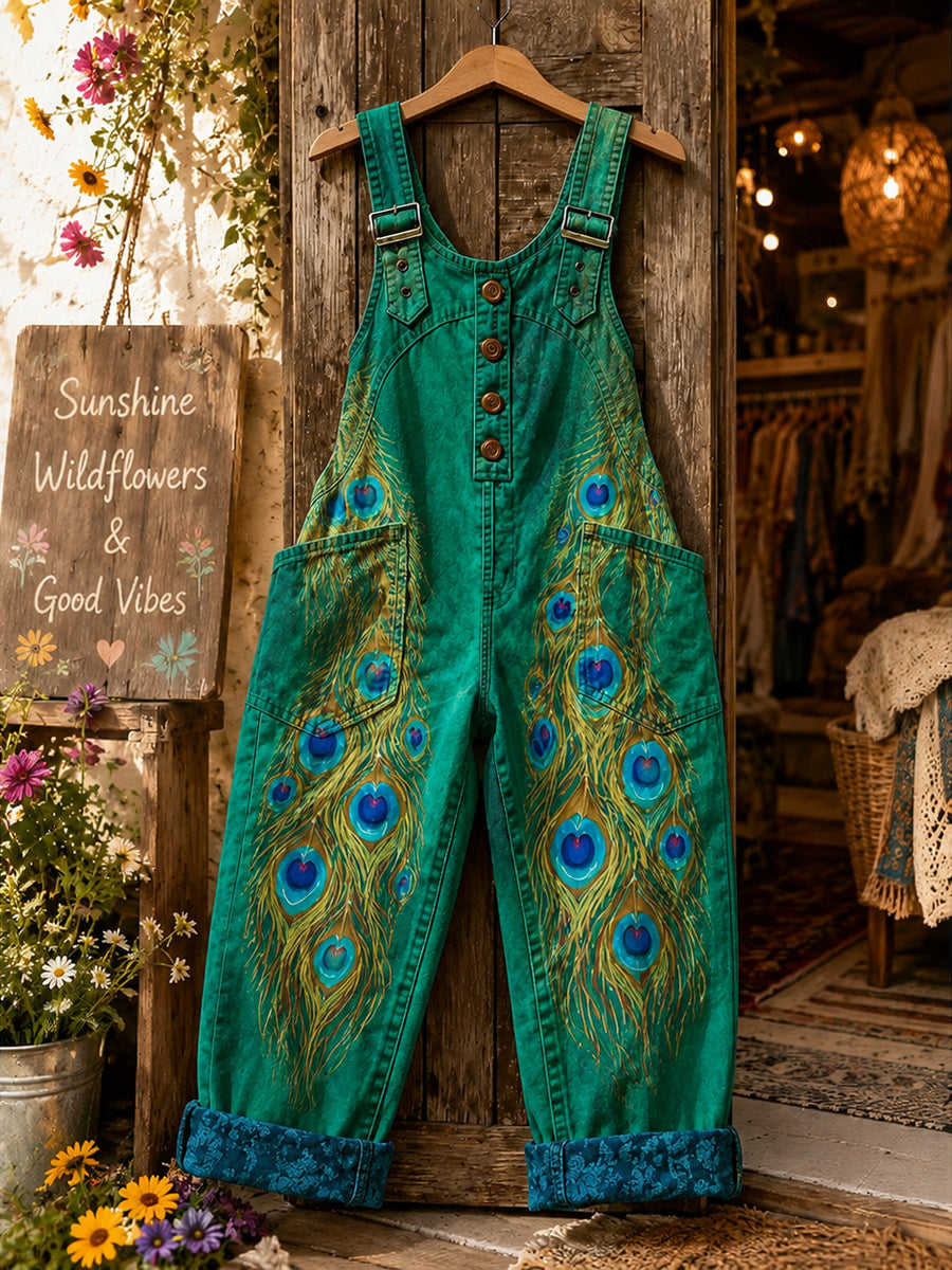 Women's Retro Style Art Print Washed Cotton Denim Patchwork Jumpsuit