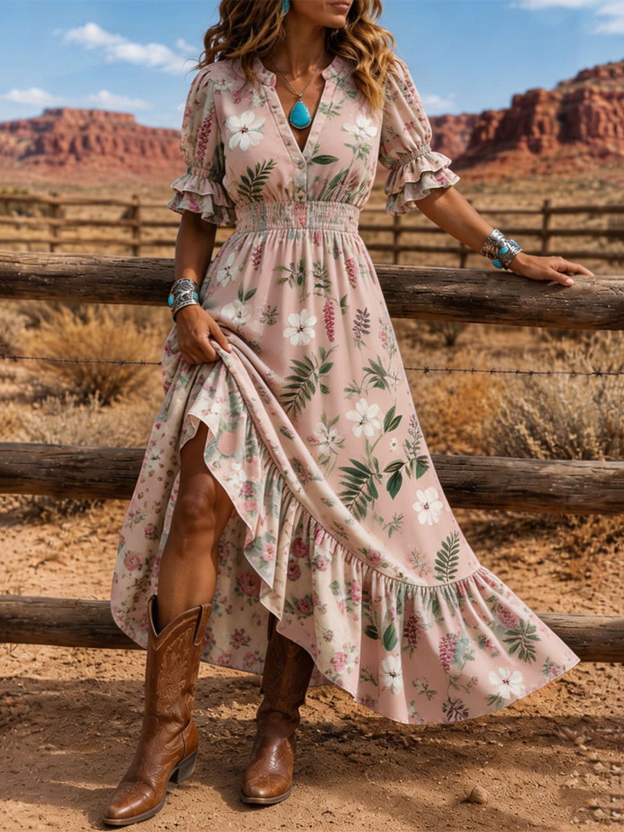Women's Retro Art Print Washed Cotton Layered Patchwork Midi Dress