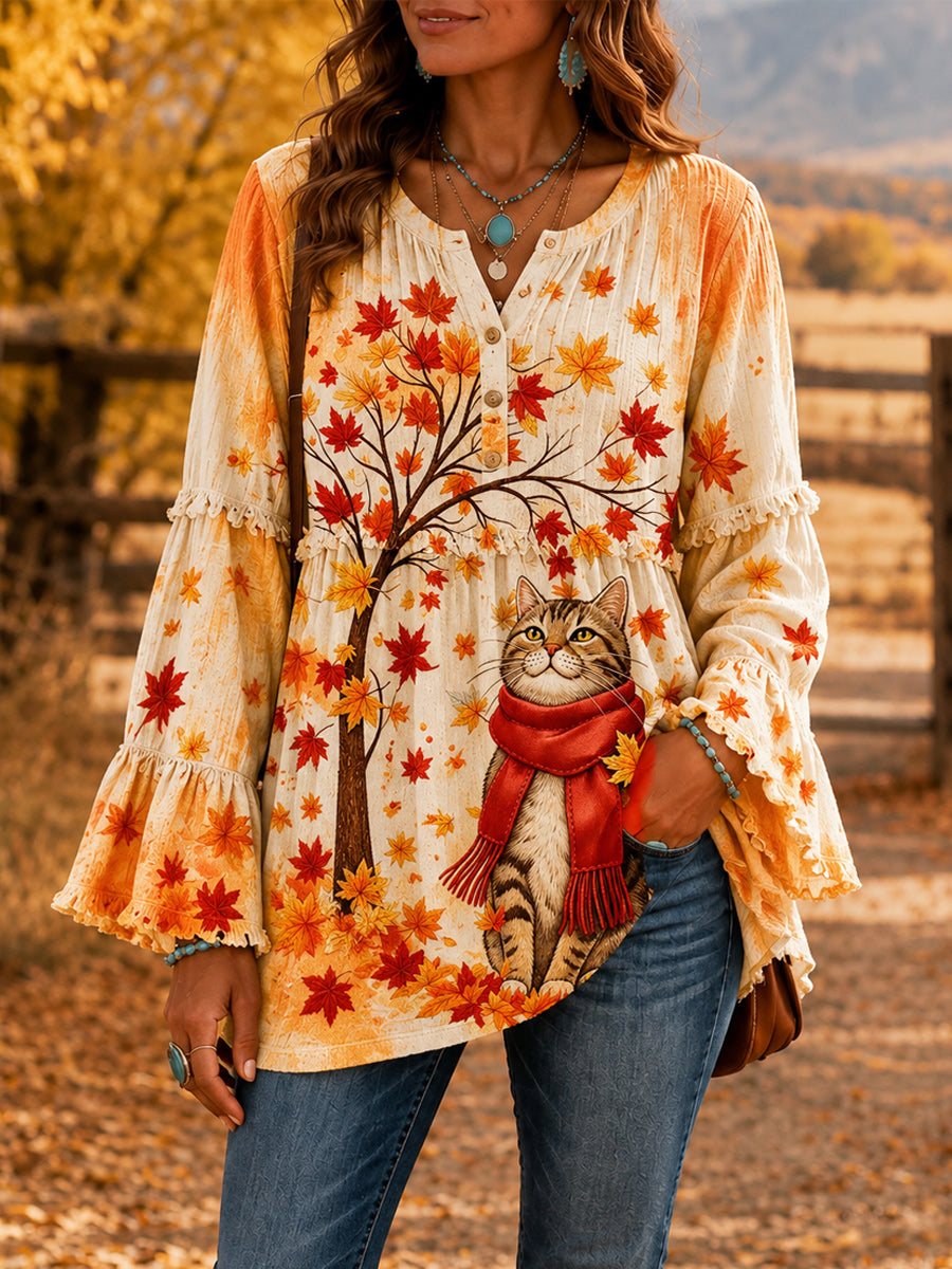 Women's Retro Style Art Print Button-Down Collar Spliced Trumpet Long Sleeves Shirt