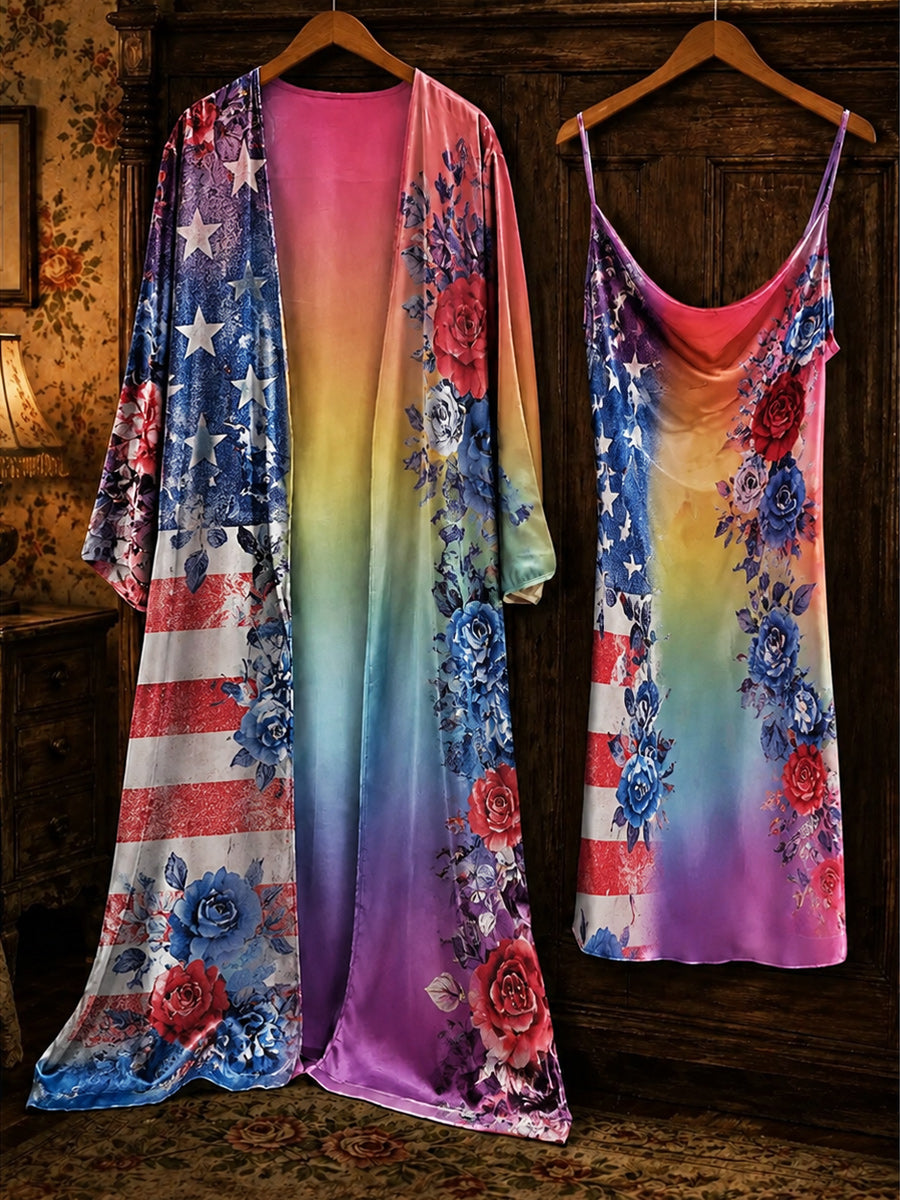 Retro Pride Month Rainbow Art Printed Vintage Camisole Dress Long Sleeve Two-Piece Midi Dress