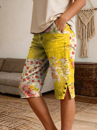 Women's Retro Patchwork Floral Art Print Casual Denim Shorts