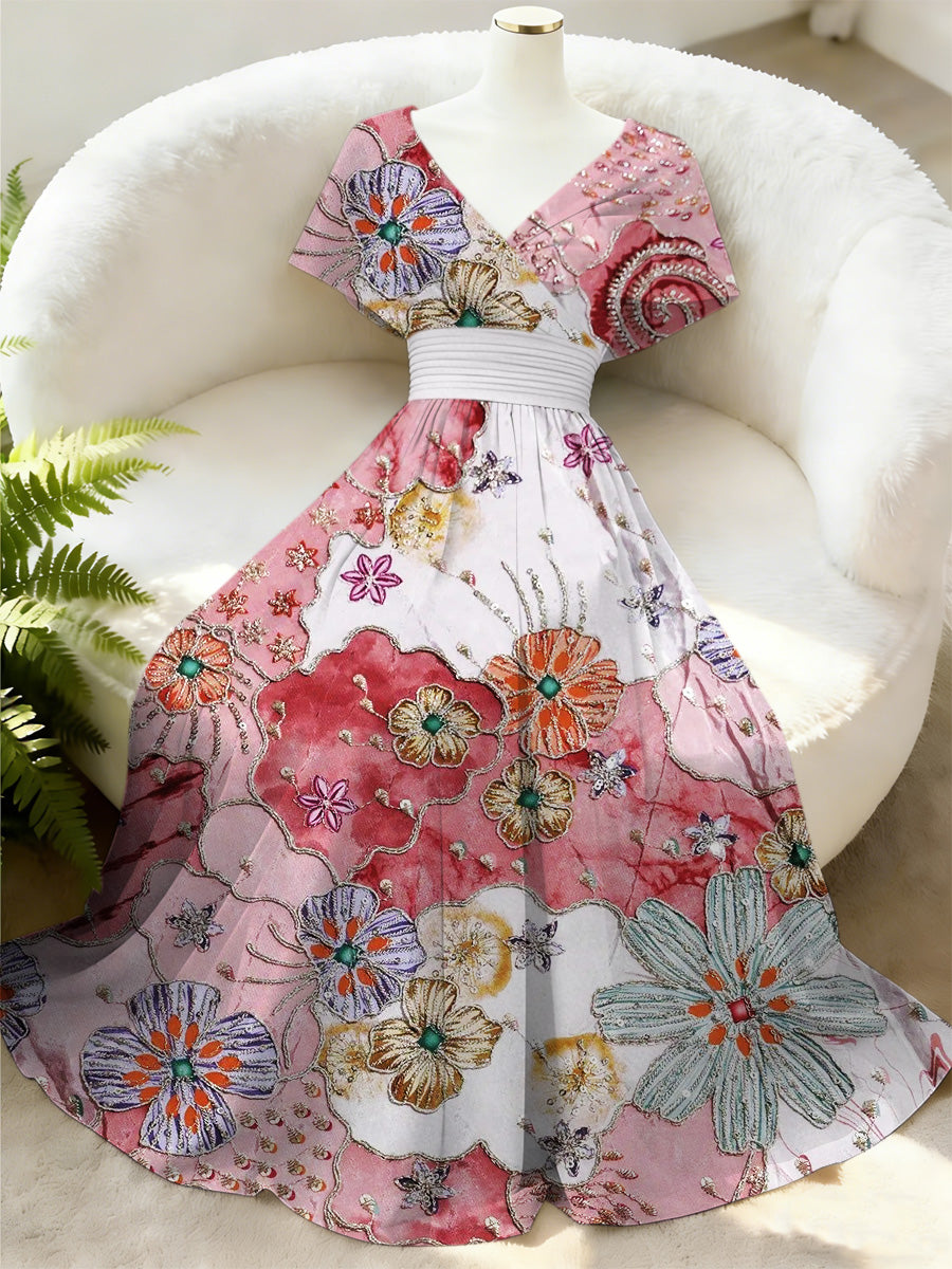 Retro Floral Art Printed Elegant V-Neck Vintage Batwing Short Sleeve Maxi Dress