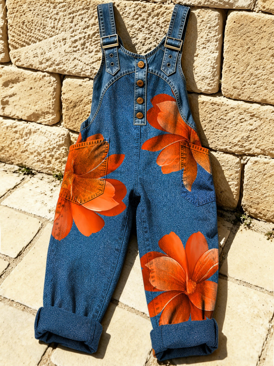 Women's Retro Style Print Washed Cotton Denim Patchwork Jumpsuit