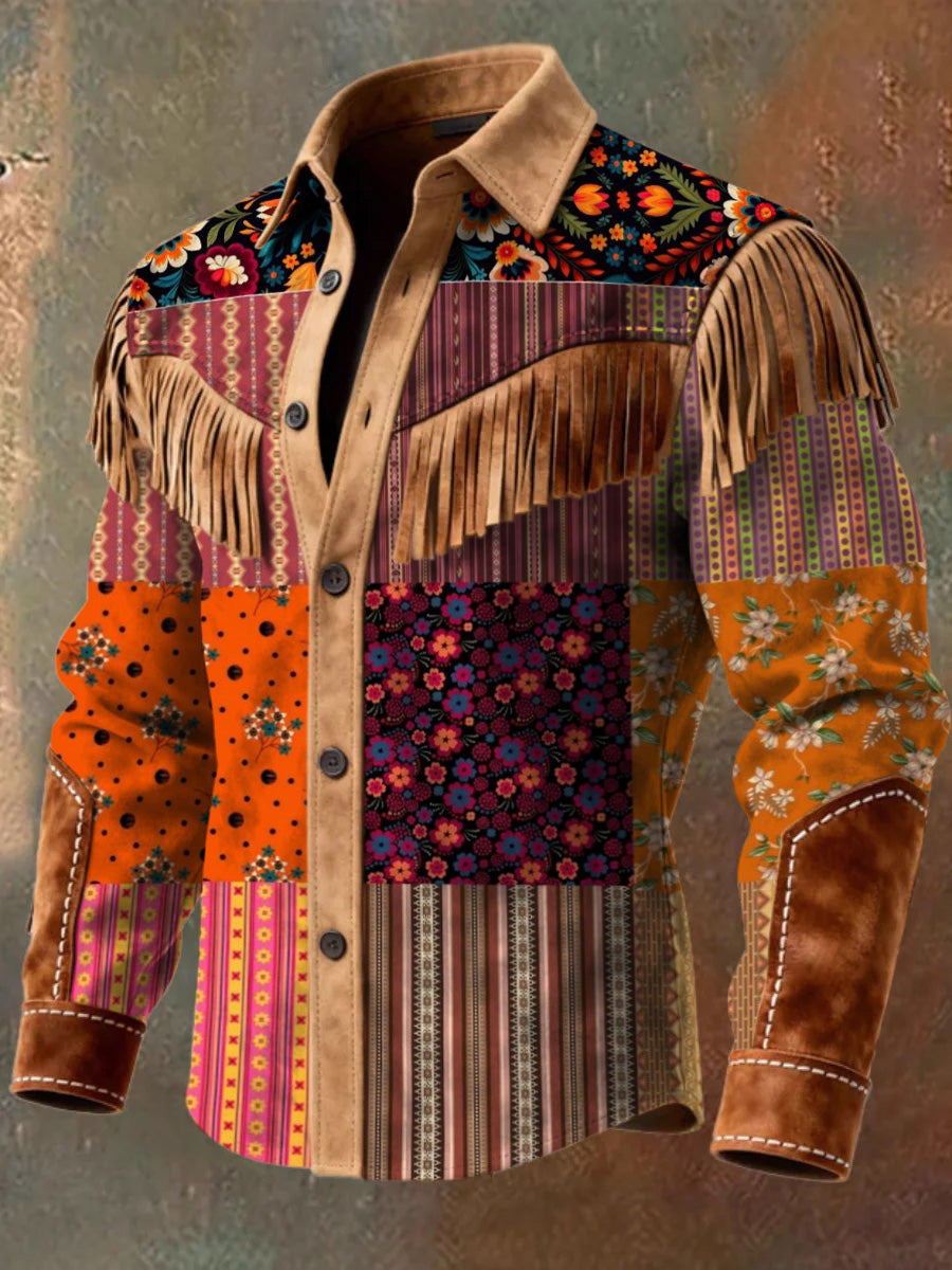 Men's Retro Western Style Art Print Vintage Tassel Casual Long Sleeve Shirt