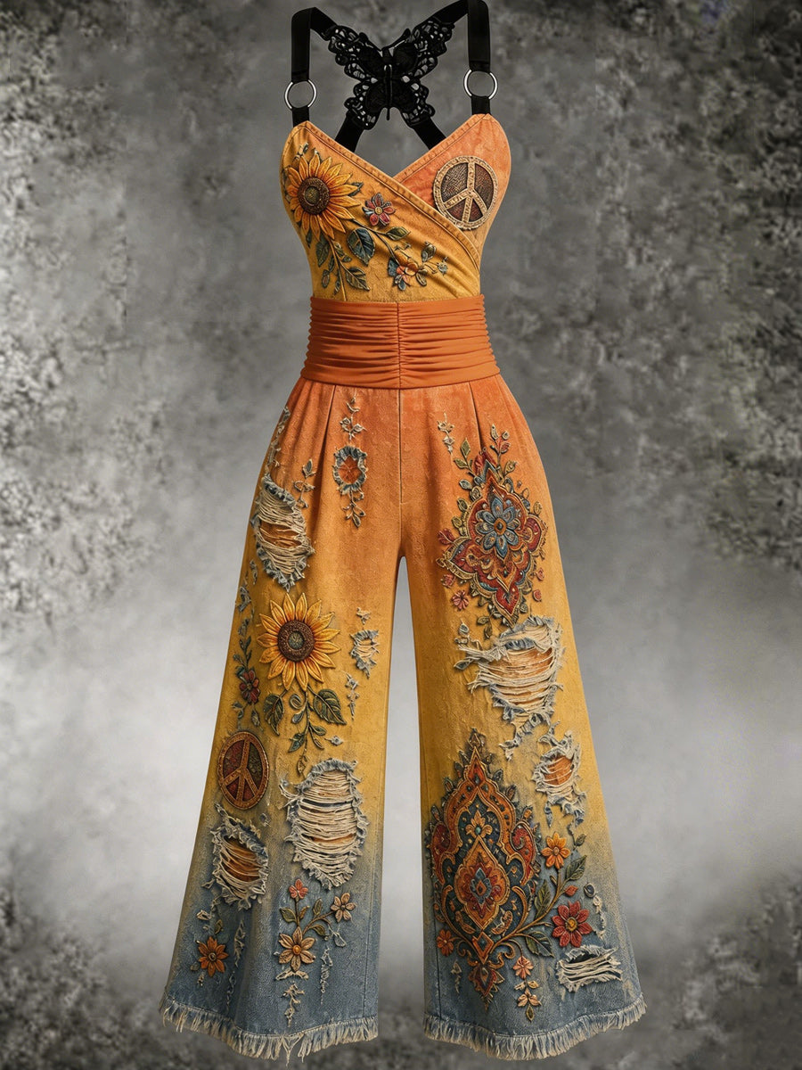 Women's Retro Art Print Butterfly Cross Adjustable Shoulder Strap Casual Jumpsuit