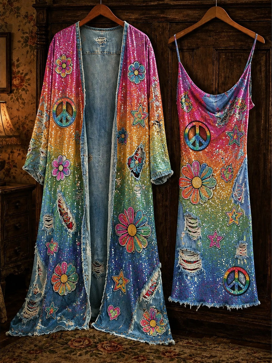 Retro Pride Month Rainbow Art Printed Vintage Camisole Dress Long Sleeve Two-Piece Midi Dress