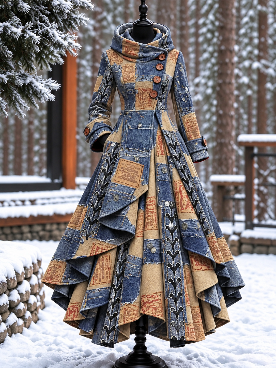 Women’s Vintage High-Collar Asymmetrical Double-Layer Hem Long Maxi Coat
