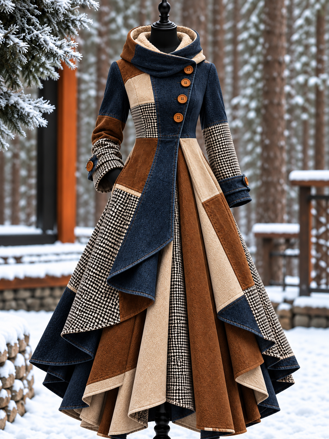 Women’s Vintage High-Collar Asymmetrical Double-Layer Hem Long Maxi Coat
