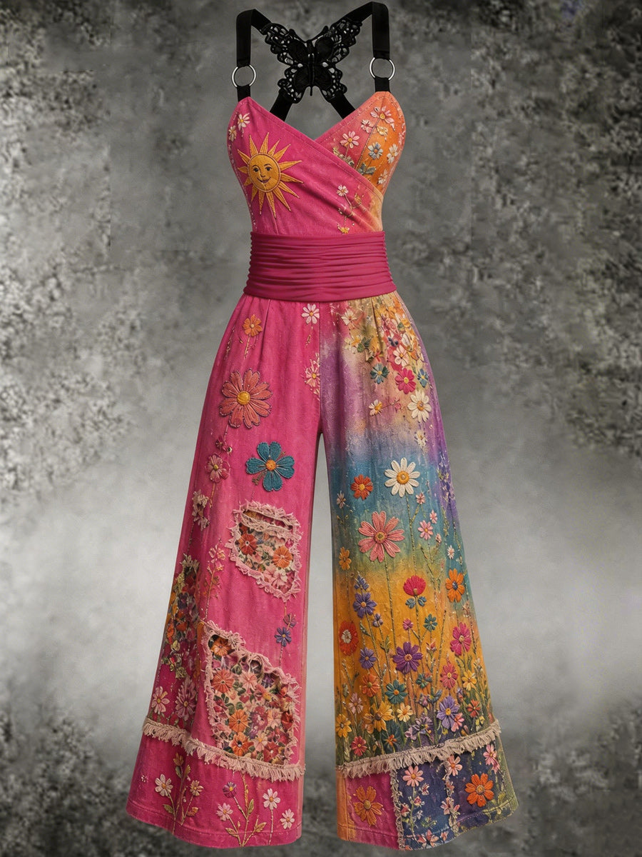 Women's Retro Art Print Butterfly Cross Adjustable Shoulder Strap Casual Jumpsuit