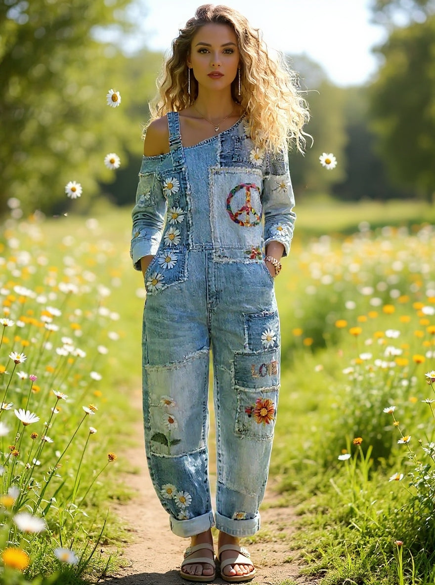 Women's Retro Floral Color-Blocked Art Print Washed Cotton Denim Patchwork Jumpsuit