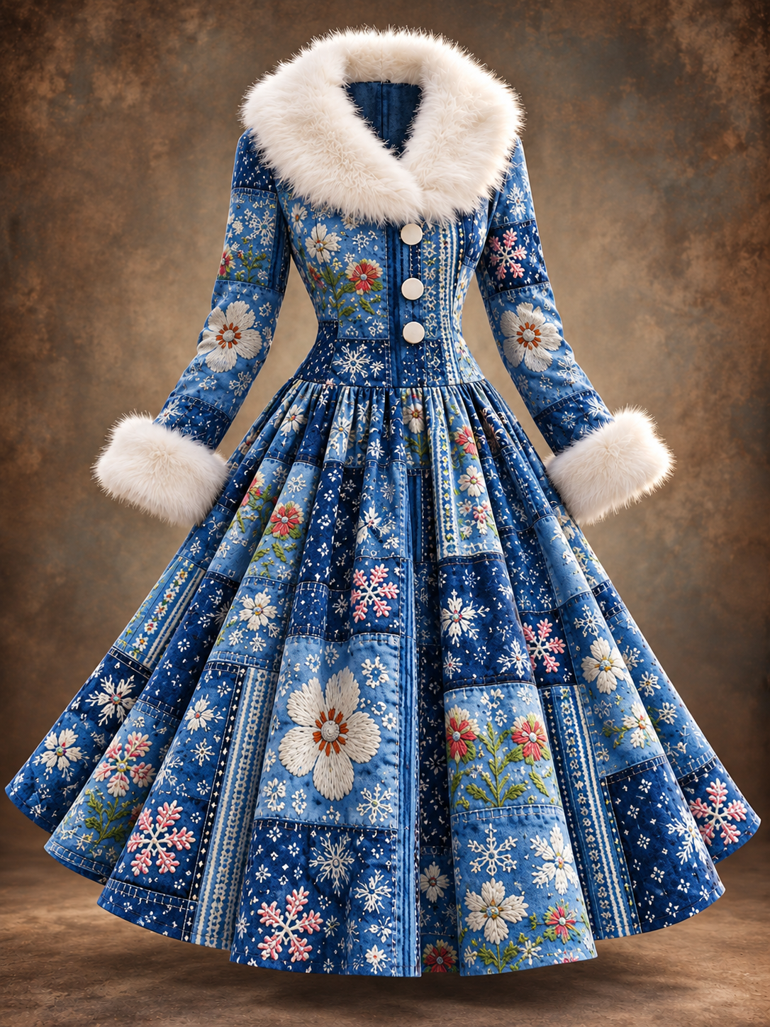 Floral Print Vintage Elegant Fur Collar Long Sleeve Midi Dress